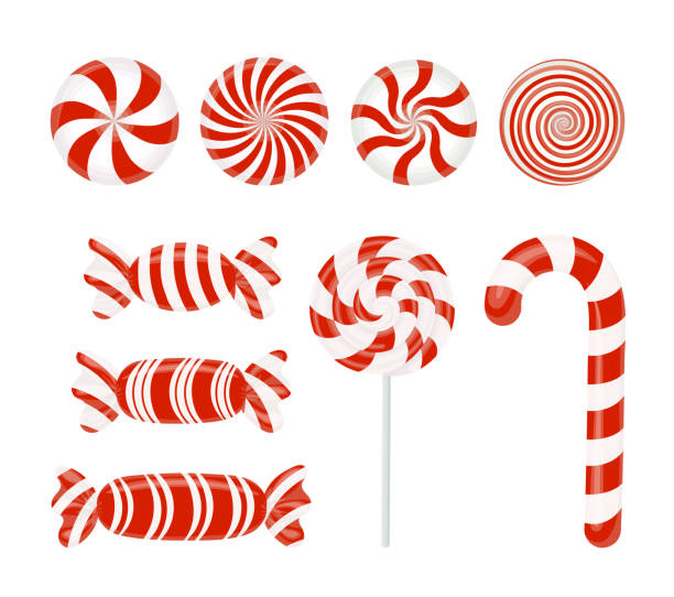 illustrazioni stock, clip art, cartoni animati e icone di tendenza di set vettoriale di cande rosse. caramello, lecca-lecca, lecca-lecca, caramelle a righe su bianco - menta piperita