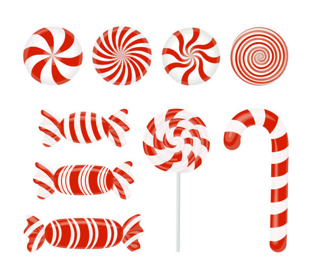 векторный набор красных конфет. карамель, леденец, леденец, полосатые конфеты на белом - spiral shape red shiny stock illustrations