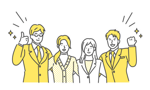 zespół biznesowy 4 mężczyzn i kobiet w zwycięskiej pozie - people well dressed success achievement stock illustrations