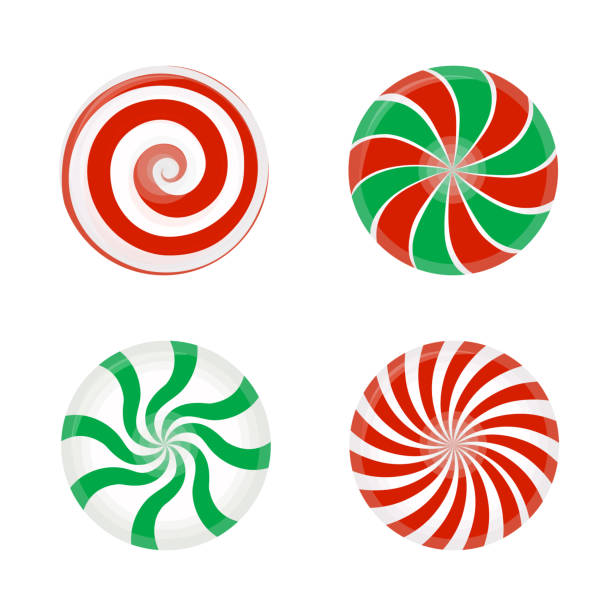 zestaw pasiastych cukierków bez opakowania. karmelowa, wektorowa ilustracja wyizolowana na białym tle. - cukierkowa laska stock illustrations