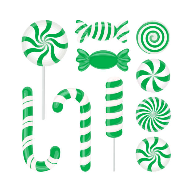 istock Vector set of green candies. Caramel, Lollipop, Lollipop, striped candy on white 1355780442