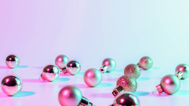 istock Christmas balls pattern neon background. Xmas bauble on abstract holiday winter gradient backdrop. Happy new year copy space. 1355782056