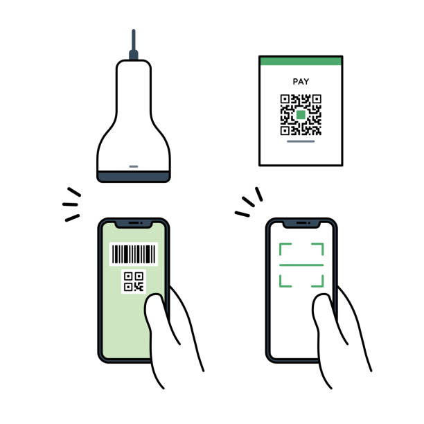 illustrations, cliparts, dessins animés et icônes de ensemble de paiement sans numéraire de téléphone intelligent, code qr, lecteur de codes à barres et lecteurs - bar code reader illustrations