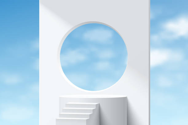 istock Realistic 3D white cylinder stand podium with stair and blue sky background. Vector abstract studio room with geometric platform design. Minimal wall scene for products showcase, Promotion display. 1355783242