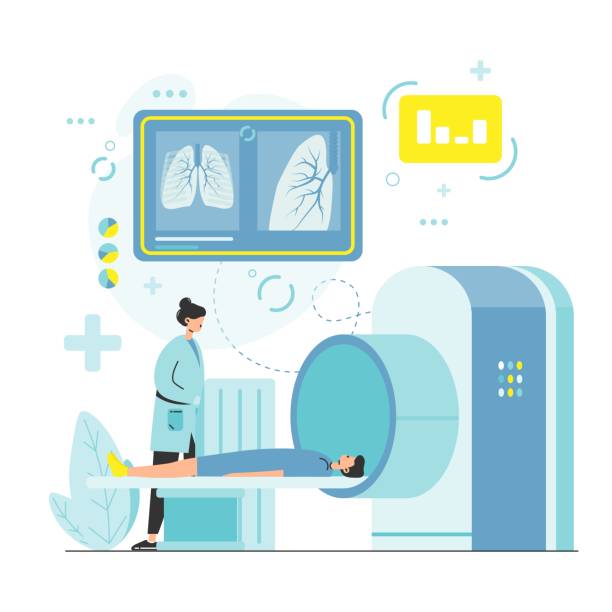 ilustrações, clipart, desenhos animados e ícones de tomografia computadorizada do tórax, ilustração vetorial. o teste de tomografia computadorizada de raios-x dos pulmões do paciente. diagnóstico de pneumologia. - computed