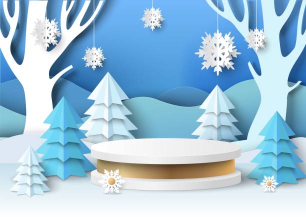 Display podium mockup, paper cut winter forest landscape, vector illustration. Season sale, gift, cosmetic product promo White round display podium mockup, paper cut winter forest landscape, vector illustration. Winter podium for gift, cosmetic product promotion. Season sales poster, banner template. winter travel stock illustrations