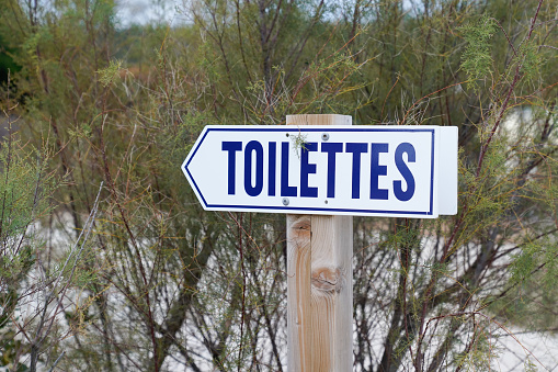 toilettes french text means Toilets public restroom signs arrow access