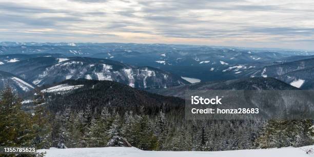 View From Forest Glade Bellow Lysa Hora Hill Summit In Winter Moravskoslezske Beskydy Mountains In Czech Republic Stock Photo - Download Image Now