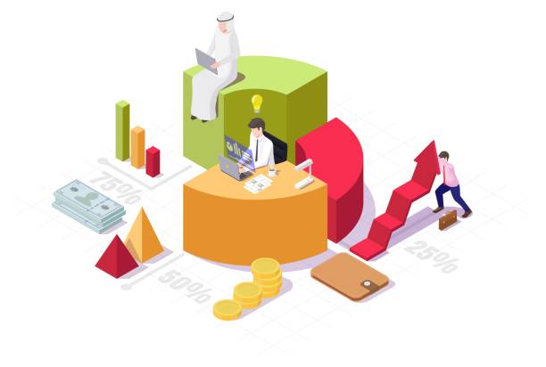 illustrations, cliparts, dessins animés et icônes de hommes d’affaires travaillant sur des ordinateurs assis sur un graphique à secteurs, illustration isométrique vectorielle. analyse des données et statistiques. - circle pie chart computer graphic chart