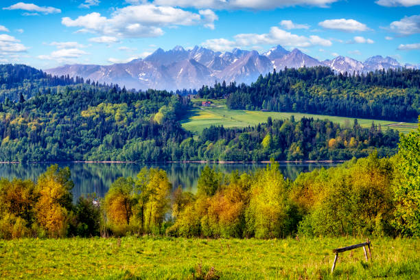 vacanze in polonia - il lago czorsztyn e il paesaggio dei monti tatra - carpathian mountain range foto e immagini stock