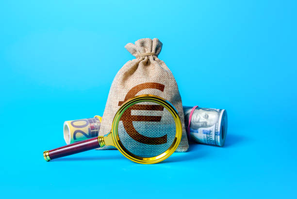 Euro money bag and magnifying glass. Investigating capital origins. Anti money laundering and tax evasion. Find investment funds for business project. Profitable deposit or loan terms and conditions. bolsa de dinero en euros y lupa. investigar los orígenes del capital. lucha contra el blanqueo de capitales y la evasión fiscal. encuentra fondos de inversión para proyectos empresariales. términos y condiciones rentables de depósito o préstamo.