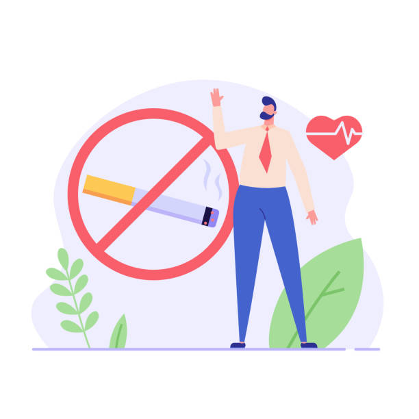 정지 표지판을 가진 남자는 흡연을 종료합니다. 새로운 건강 생활을 가진 전 흡연자. 금연, 건강한 습관의 개념. 담배의 날이 없습니다. 현대 플랫 만화 디자인의 벡터 일러스트레이션 - smoking issues illustrations stock illustrations