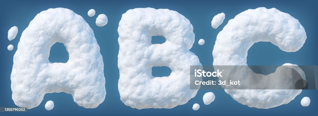 Snowy alphabet with letters A, B, C Snowy alphabet with letters A, B, C. Letters made of snow. Winter font isolated on blue background. Realistic 3d rendering Snow Stock Photo
