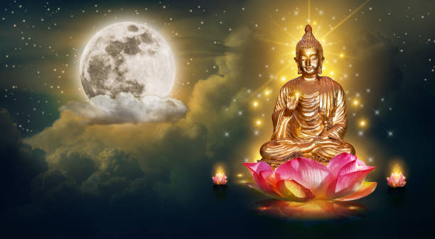 buddha sit on a lotus in the sky at night the big moon is the background - buddhist puja imagens e fotografias de stock