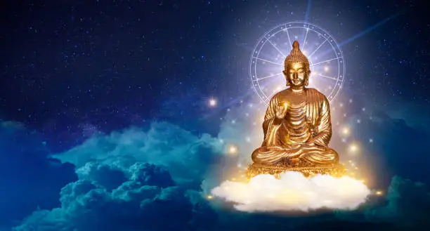 Photo of Buddha sit on a lotus cloud in the sky at night is the background