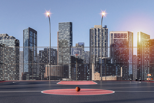 Rooftop basketball court with metropolis view 3d render llustration
