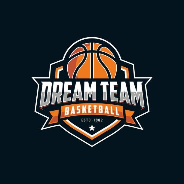 basketball icon, design template on dark background - logo stock illustrations