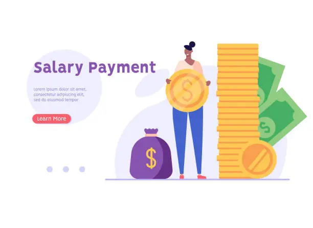 Vector illustration of Woman stands next to a stack of coins. Concept of salary payment, salary increase, rise, businessman, financial growth. Vector illustration in flat design