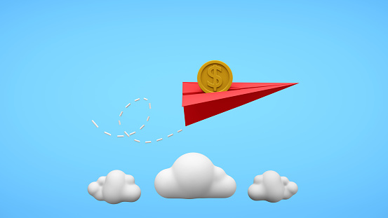 Red paper plane and money on blue background. Business strategy concept. 3D render illustration. Clipping path of each element included for freely arranged.