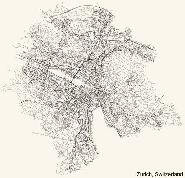 Street roads map of Zurich, Switzerland Detailed navigation urban street roads map on vintage beige background of the Swiss regional capital city of Zurich, Switzerland zurich map stock illustrations