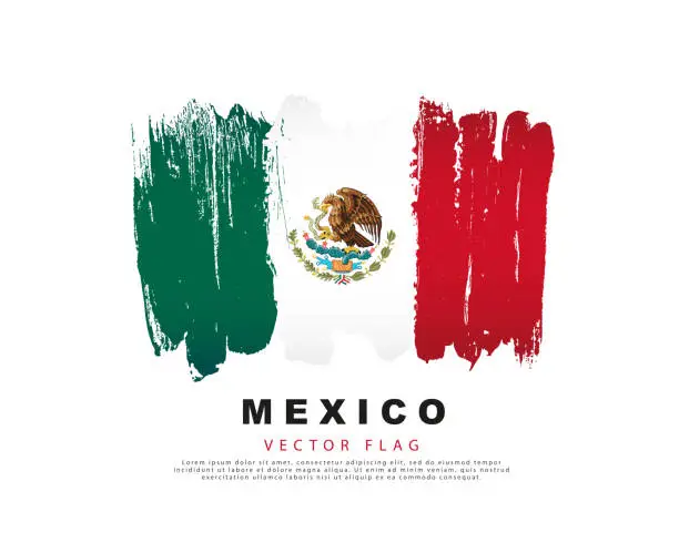 Vector illustration of Mexico flag. Freehand green, white and red brush strokes. Vector illustration isolated on white background.