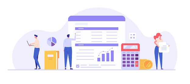 People study the financial statement. Concept of financial report, digital accounting, audit and financial research, accounting report. Vector illustration in flat design