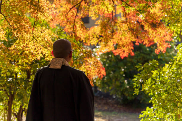 Beautiful autumn leaves and a priest of the Rinzai sect Beautiful autumn leaves and a priest of the Rinzai sect rinzai zen buddhism stock pictures, royalty-free photos & images