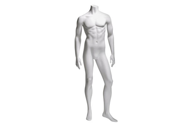 istock Male white plastic glossy standing mannequin doll for clothes isolated on white background. Human body model. Decor showcases fashion store. Realistic illustration front view 1355800487
