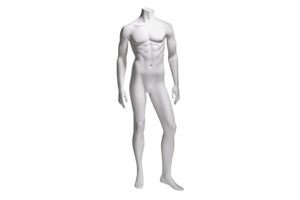 male white plastic glossy standing mannequin doll for clothes isolated on white background. human body model. decor showcases fashion store. realistic illustration front view - mannequin imagens e fotografias de stock