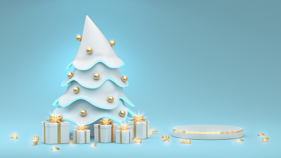 A delicate abstract illustration of the catwalk for Christmas and New year with a white Christmas tree decorated with golden balls and gifts. Festive magical mood in the banner. 3D Render.