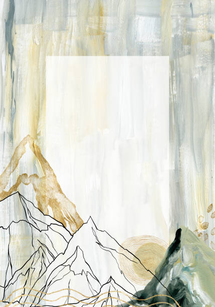 istock Watercolor and gouache abstract frame of landscape, mountains, sky and moon. Hand painted minimalistic illustrations isolated on white background. For design, print, fabric or background. 1355802986