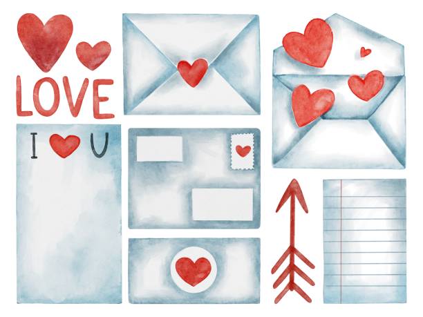 ilustraciones, imágenes clip art, dibujos animados e iconos de stock de dibujo a mano acuarela juego de amores franqueo: sobre, letras de amor, flecha y hojas con corazones rojos. usa tu diseño, postal, tarjeta de felicitación, boda, san valentín, cumpleaños, plantilla - invitation postcard scrapbook day