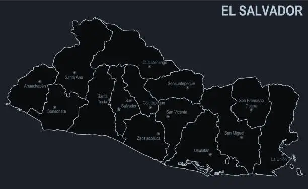 Vector illustration of Flat map of El Salvador with cities and regions on a black background