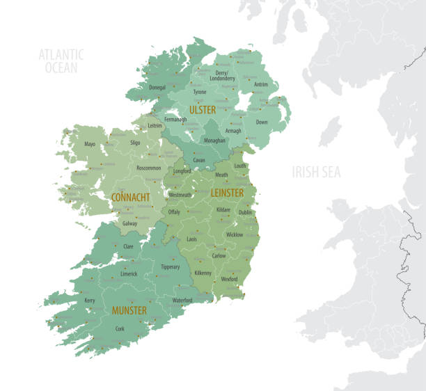 지방과 카운티, 국가의 주요 도시에 행정 부서와 아일랜드의 상세한지도, 흰색 배경에 벡터 일러스트 - 아일랜드 북유럽 stock illustrations