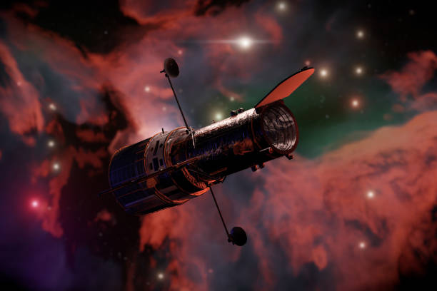 istock Silhoette of Space Telescope Hubble in Open Space. 3d Rendering 1355805307