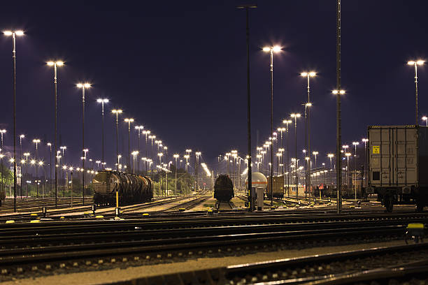 View over a waggon switching yard in the Hamburg harbour. Nice nightshot of an industrial landscape