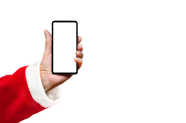istock Santa show smart phone with blank screen isolated on white 1355806121