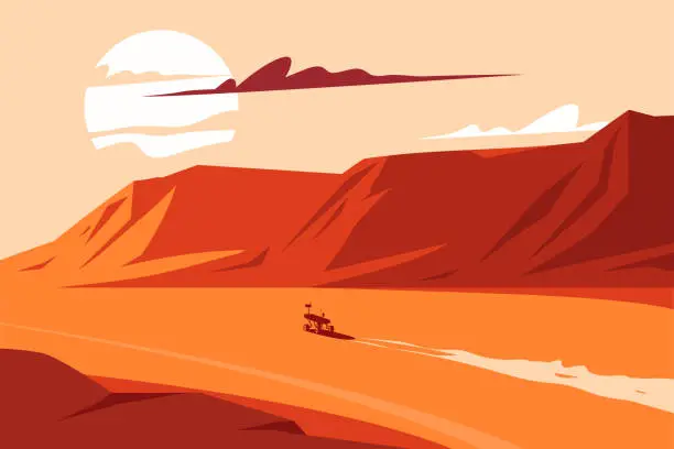 Vector illustration of The funny rover rushes across the valley of the planet Mars. Vector illustration