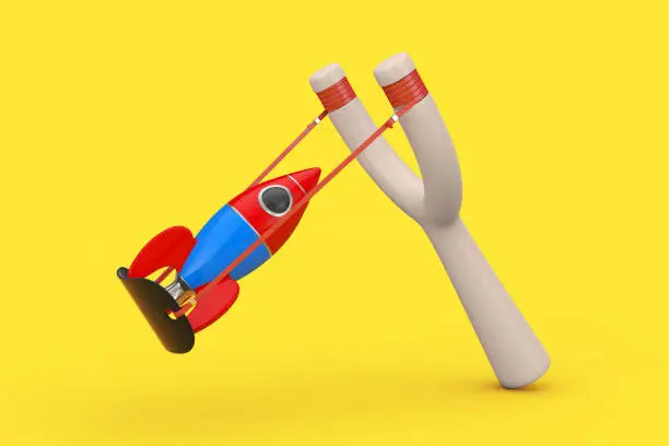 Childs Toy Rocket Start from Danger Wooden Slingshot Toy Weapon on a yellow background. 3d Rendering
