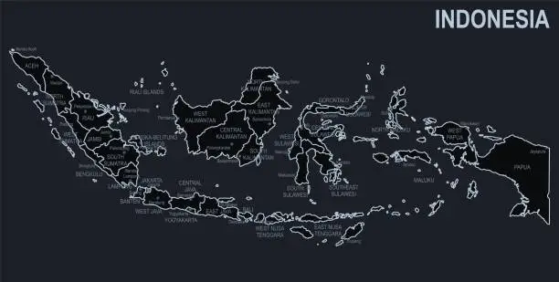 Vector illustration of Flat map of Indonesia with cities and regions on a black background