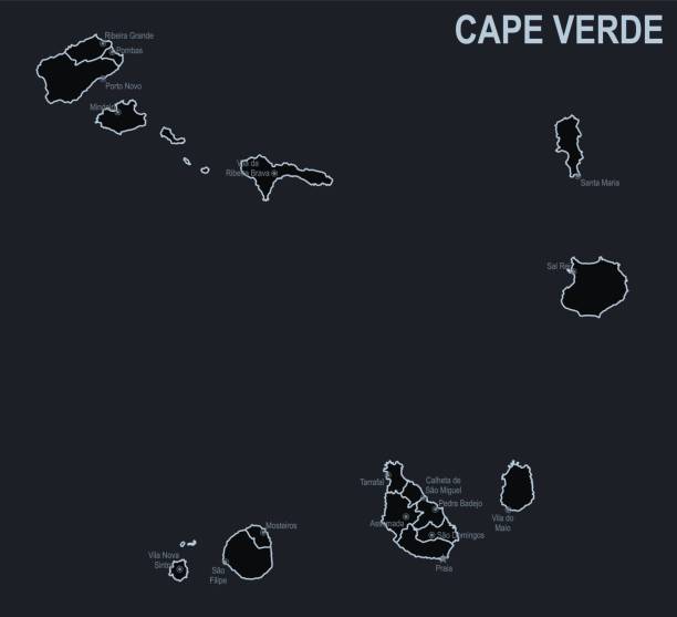 Flat map of Cape Verde with cities and regions on a black background Flat map of Cape Verde with cities and regions on a black background cape verde stock illustrations