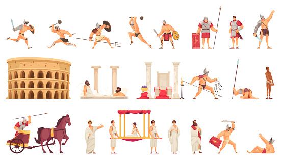 Cartoon icons set with colosseum gladiators and citizens from ancient rome isolated vector illustration
