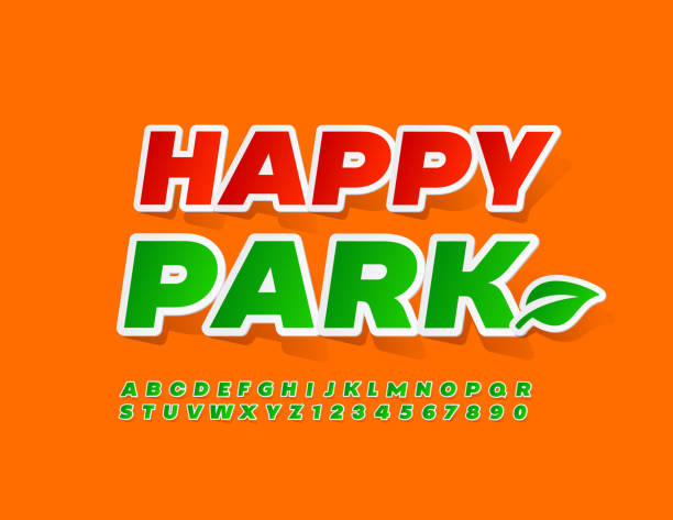 wektorowy kolorowy plakat happy park z dekoracyjnym liściem. zestaw liter i cyfr alfabetu w stylu naklejki - happy stock illustrations