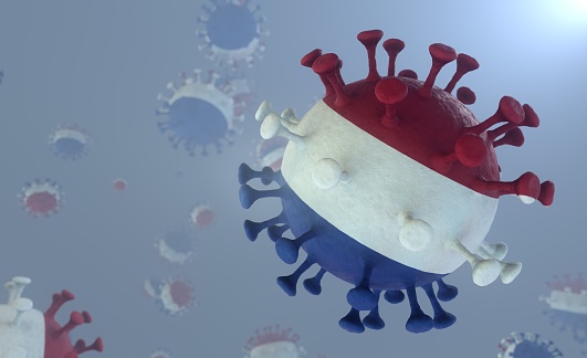 Covid-19 Virus with the Pattern of the Netherlands Flag Corona Virus with the Dutch Flag Print Delta Lambda plus Variant 3D Render, Holland Vlag
