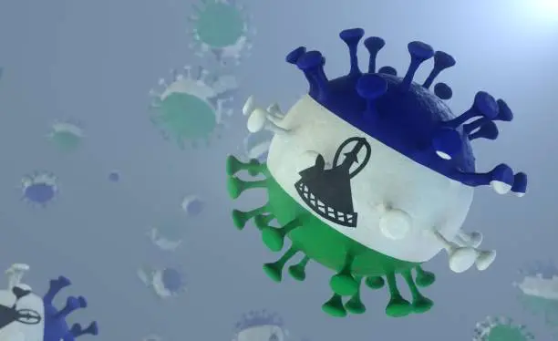 Photo of Covid-19 Virus with the Pattern of the Lesotho Flag Corona Virus with the Mosotho Flag Print Delta Lambda plus Variant 3D Render