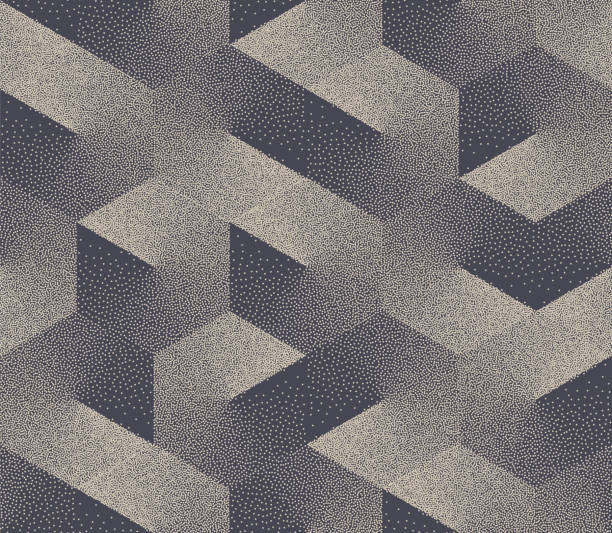 Stippled Isometric Cubes Seamless Pattern Geometrical Vector Abstract Background Different Stippled Isometric Cube Shapes Seamless Pattern Geometric Vector Abstract Background. Halftone Modern Texture Dotwork Hexagons Repetitive Wallpaper. Retro Colors Hand Drawn Art Illustration negative space illusion stock illustrations