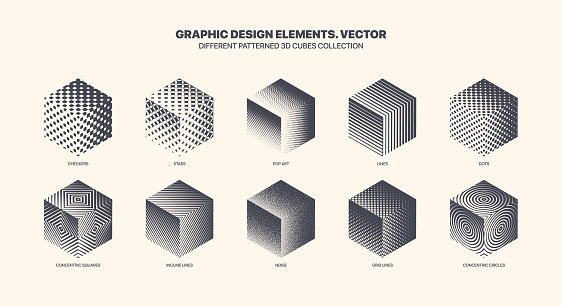 Assorted Various Patterned 3D Cube Vector With Different Geometric Textures Set Isolated On White Background. Modern Graphic Various Black White 3D Cubes Variety Pattern. Collection Of Design Elements