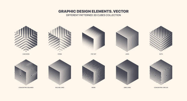 Assorted Various Patterned 3D Cubic Vector Set Isolated On White Background Assorted Various Patterned 3D Cube Vector With Different Geometric Textures Set Isolated On White Background. Modern Graphic Various Black White 3D Cubes Variety Pattern. Collection Of Design Elements cube shape illustrations stock illustrations