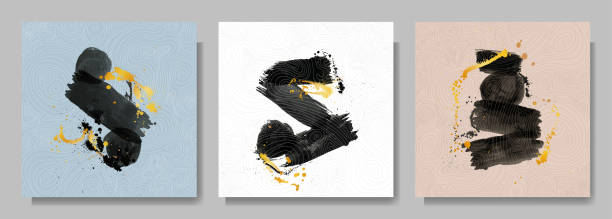 istock Vector illustration. Abstract contemporary aesthetic backgrounds. Design for social media template, web banner. Room wall decor. Black watercolor paints with golden splash. Modern art graphic. 1355813912