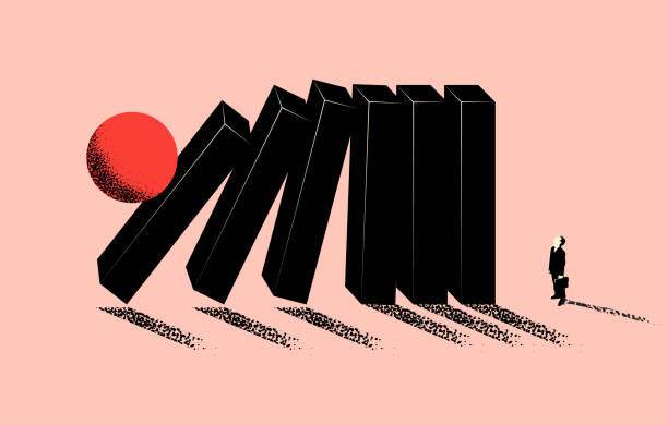 conceptual business illustration of upcoming business problem metaphor with falling domino and businessman silhouette. minimalistic vector illustration - aşağıya gitmek illüstrasyonlar stock illustrations